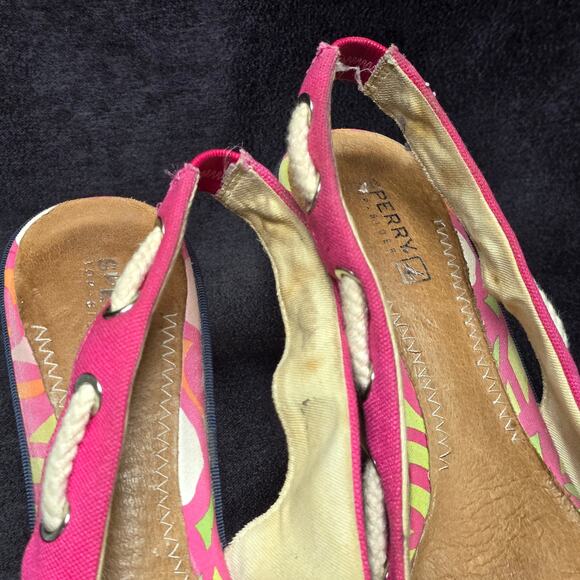 Sperry Top Sider Pink Slingback Rope Bow Wedge Heels Peep Toe Shoes Sandals - Picture 7 of 10